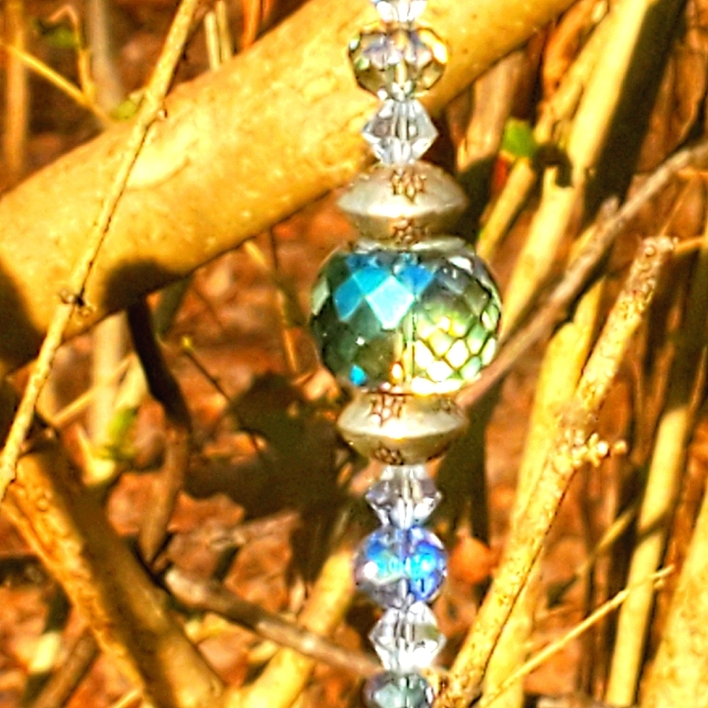 Firefly Blue SUNCATCHER, One-of-a-Kind Handcrafted Beaded Glass & Clear Crystal